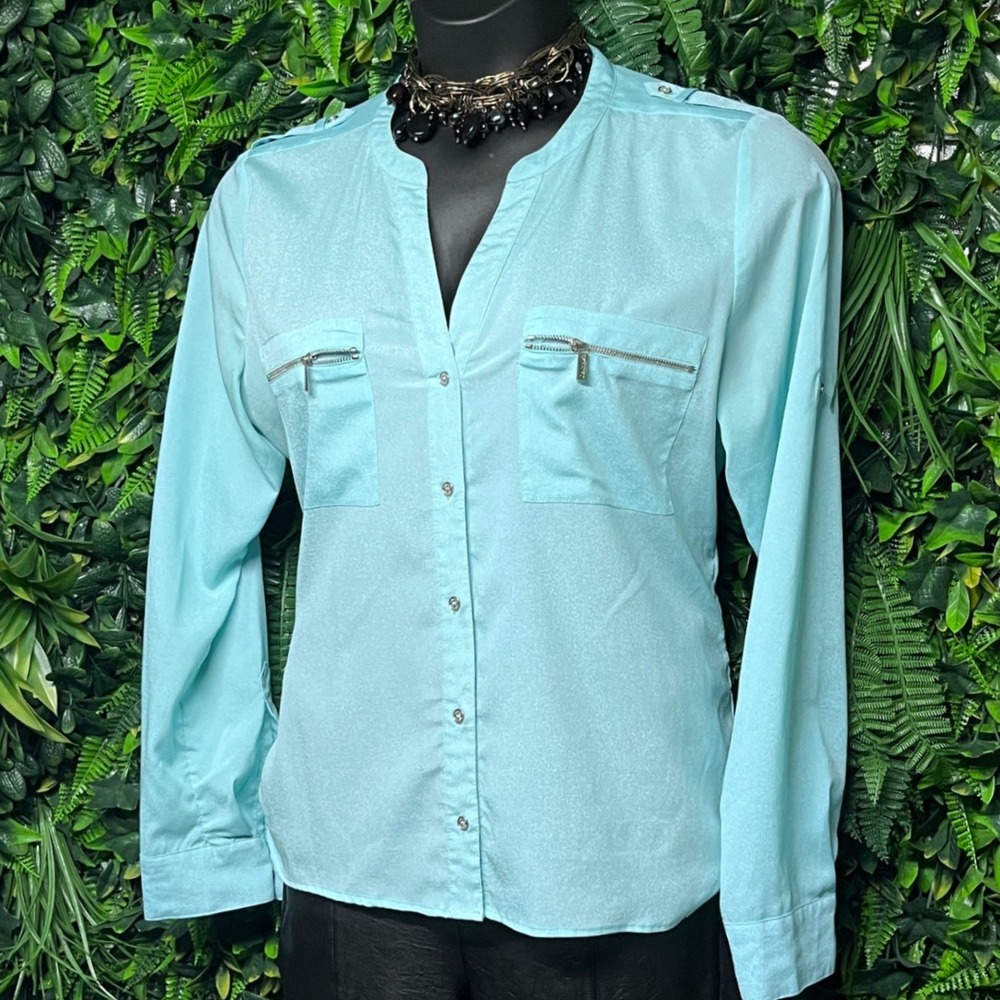 Calvin Klein Shirt Top Large Aqua Blue Long Sleeve V Neck Zipper Pocket 3244‎